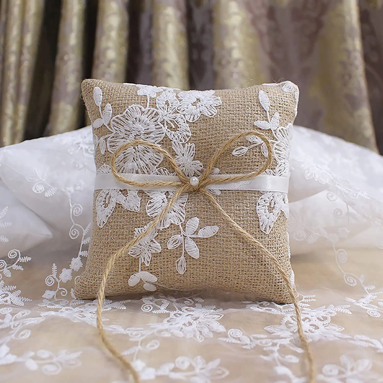 Lace Bow Ring Pillow Vintage European Style for Wedding Engagement Decoration Jute Ring Bearer Pillow