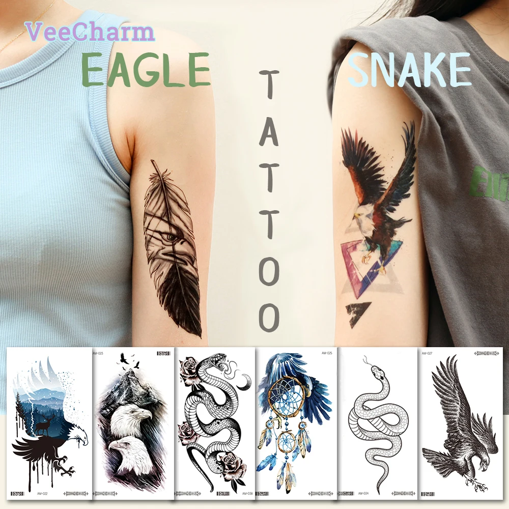 

VeeCharm - Eagle & Snake Temporary Tattoos for Adults, Watercolor & Sketch Styles, Ferocious Beasts, Costume, Party, 1/12 Sheet