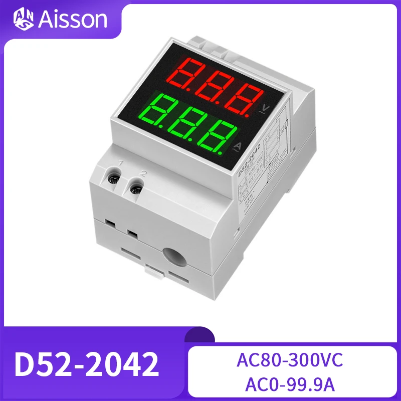 D52-2042 AC Voltmeter Ammeter Digital LED Display AC80-300V 220V 0-99.9A Voltammeter Electric Current Meter Din Rail