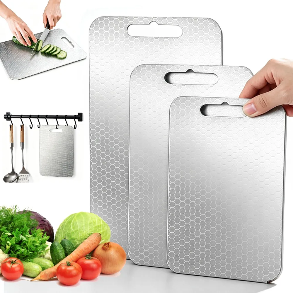 Ensemble de planches à découper en acier inoxydable de différentes tailles, plateaux de découpe antidérapants texturés en nid d'abeille, planches à découper réutilisables en acier inoxydable pour la cuisine domestique, la transformation de la viande, des fruits, des légumes et des aliments.