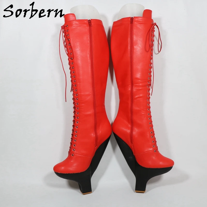 Sorbern Red Matte Hard Shaft Boots For Women Small Heels Knee Hjigh Lace Up Fetish Cosplay Boots Custom Colors