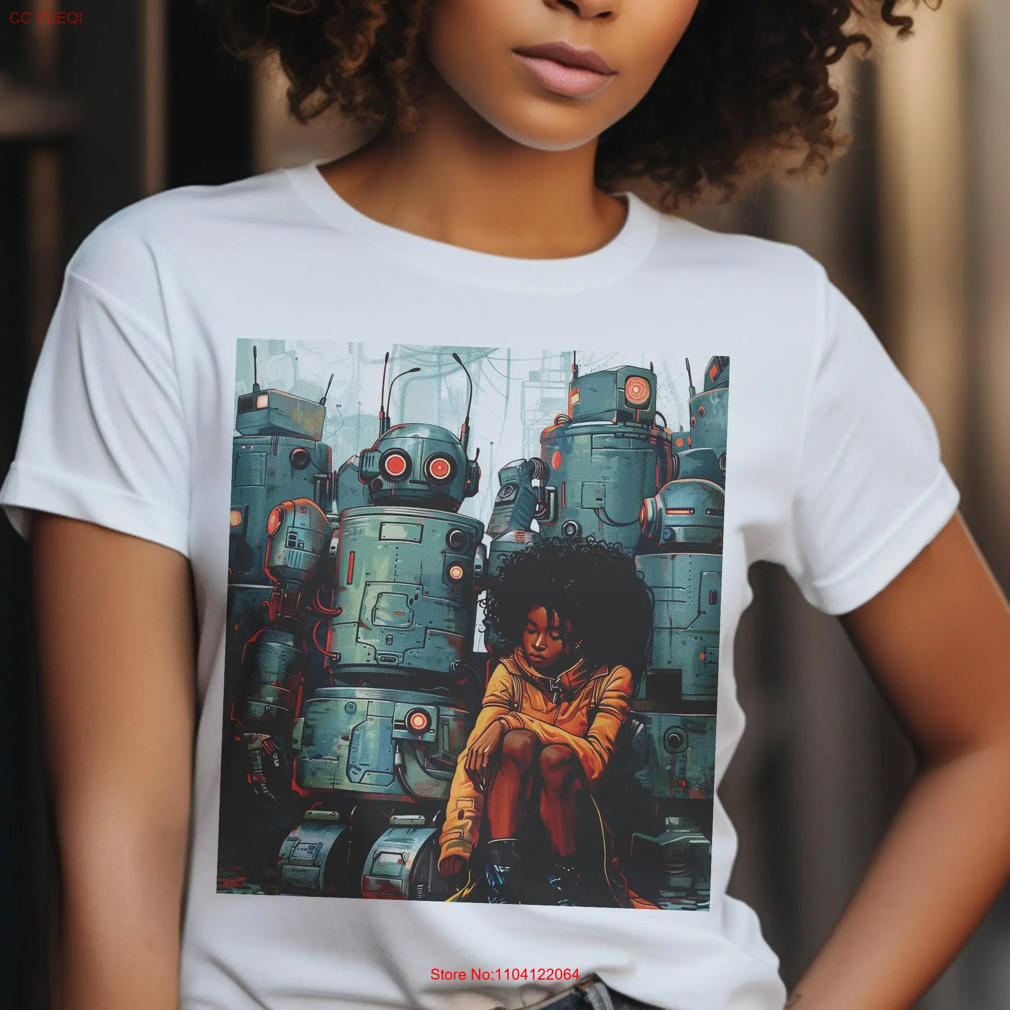 Black Girl with Robots T Shirt African American Afrofuturism Design Afro Woman in Tech Bot Life Machine Learning Adult