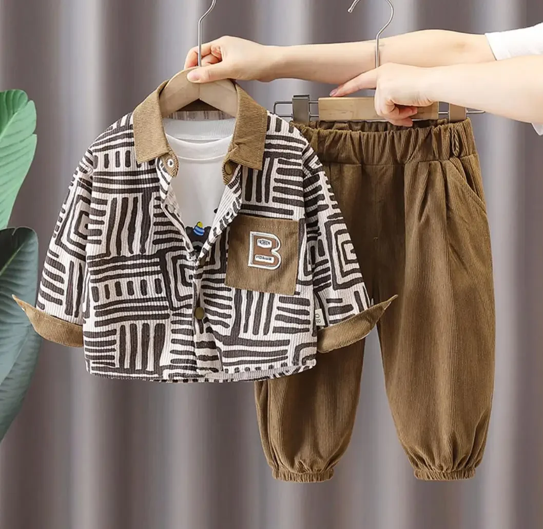 

Boys Corduroy Set Spring Autumn Handsome Printed Single-breasted Jacket+White T-shirts+Pants 3PCS Suits Children Kids Clothing