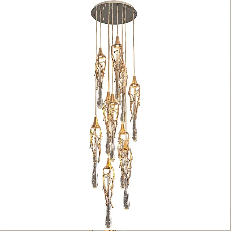 Nordic LED ceiling full copper crystal chandelier, suitable for living room, staircase home interior lighting, golden lustre
