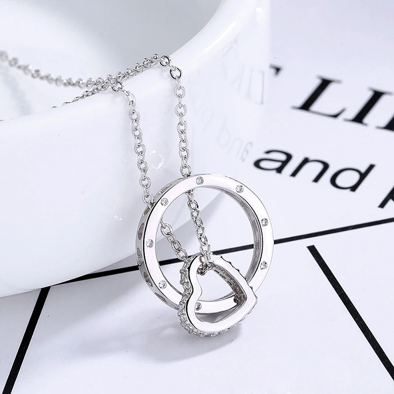 925 Sterling Silver Fashion Round&Love Heart Zircon Combination Pendant Neckalces Women Jewelry Rose Gold Rhinestone Choker Gift