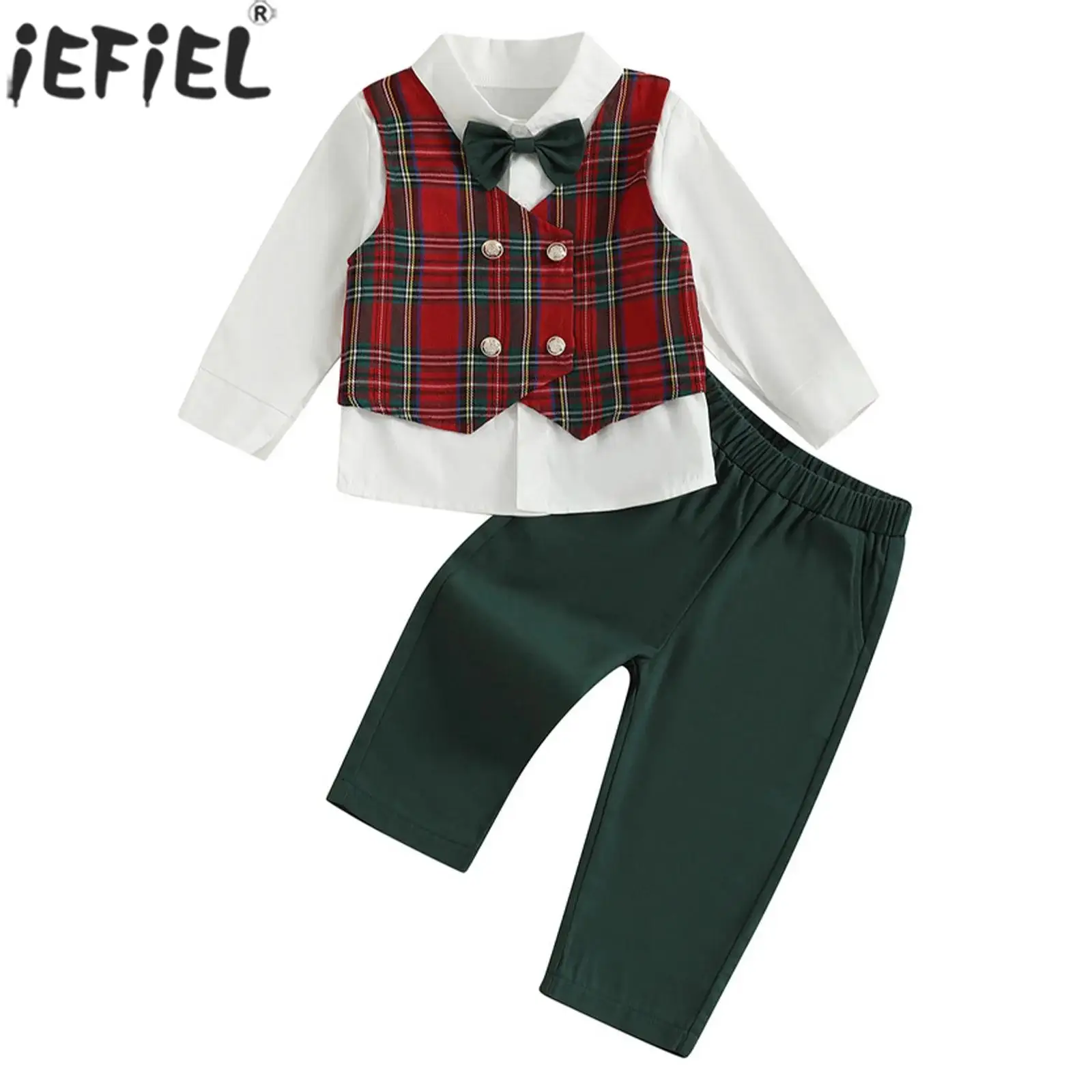 

Infant Boys British Style Gentleman Suit Long Sleeve Lapel Bowtie Shirt with Plaid Vest Pants Wedding Birthday Party Clothes Set