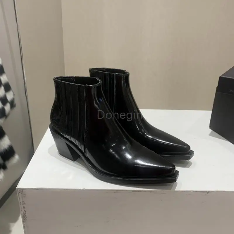 Donegirl 2023Women Autumn Winter New England Style Leather Pointed Head Glossy Short Boots Solid Temperament Simple Shoes Female