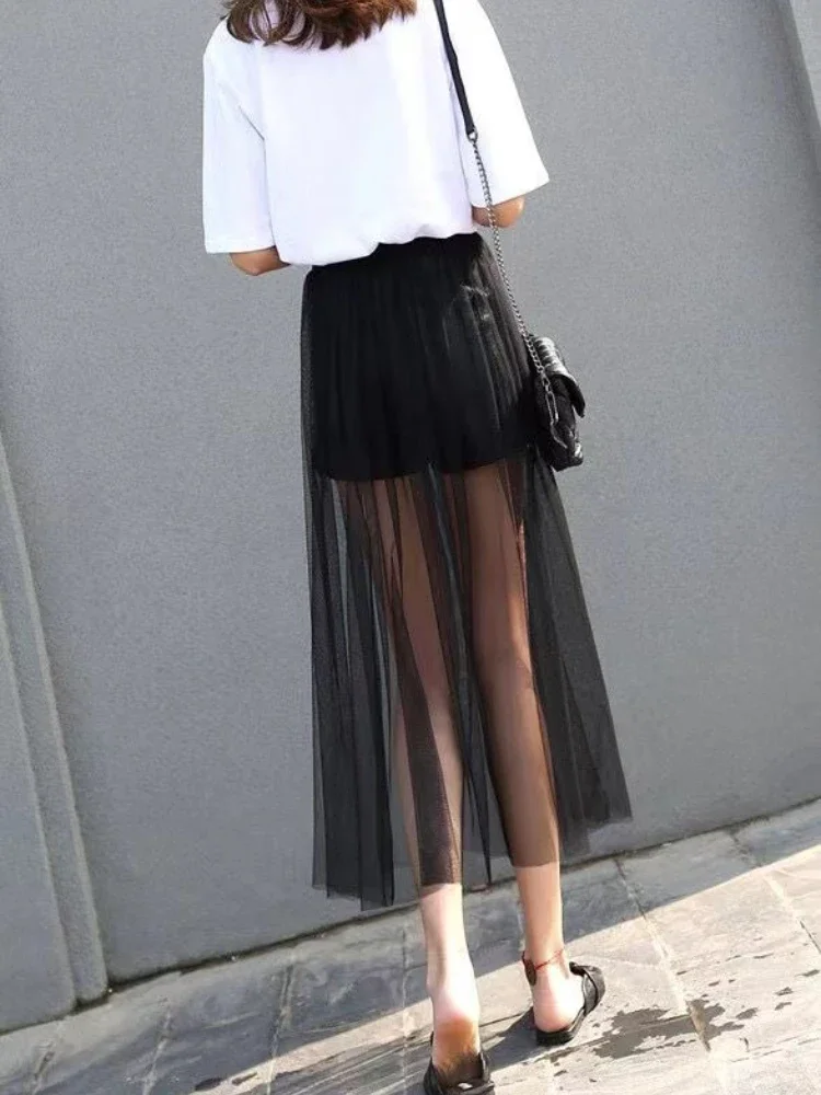 Nieuwe Fashion See-Through Mesh Rokken Sexy Solid Hoge Taille Rokken Mode Zwarte Vrouwelijke Rokken