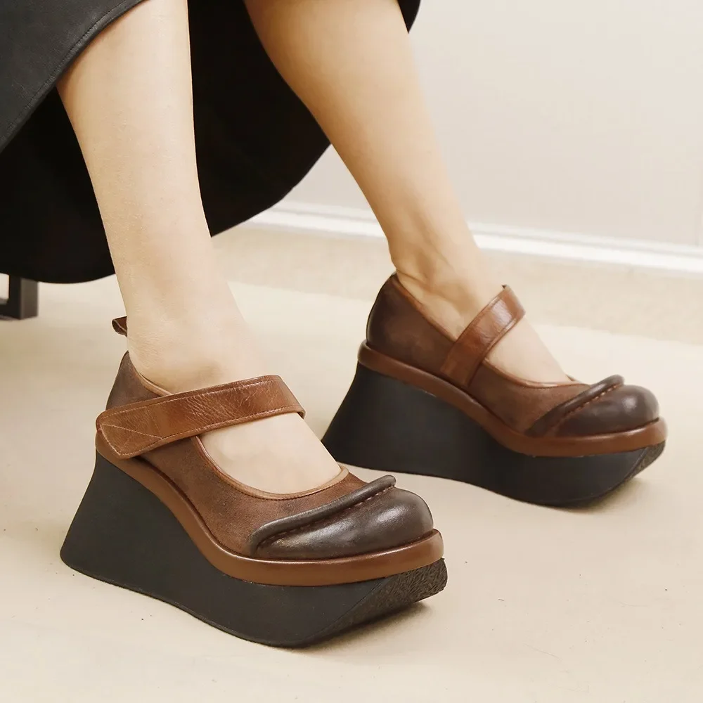 

Birkuir Retro Super High Heel Pumps For Women Mary Janes Wedges Shoes Genuine Leather Luxury 8cm Thick Heels Hook Loop Shoes