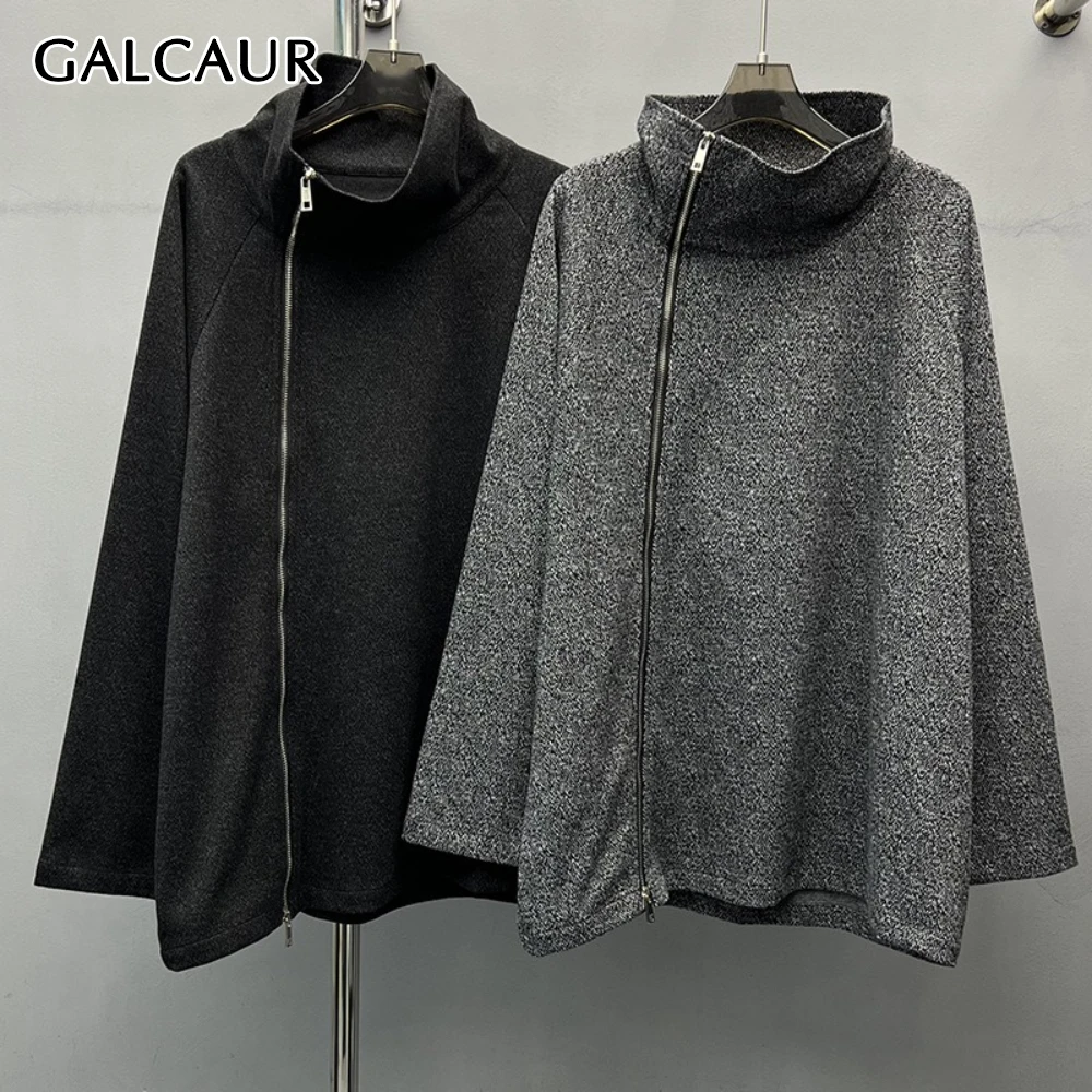 GALCAUR الصلبة تقسم سستة البلوز الإناث الوقوف طوق كم طويل فضفاض الشارع الشهير المرأة بلوزات الخريف الموضة