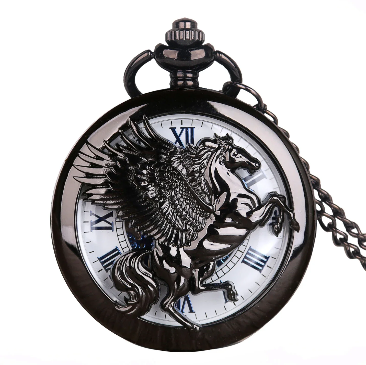 Vintage Charm Black Fashion Hollow Skeleton Mechanical Steampunk Pocket Watch Women Man Hand Wind Fob Watch Pendant With Chain