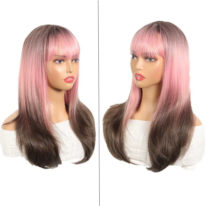 

Women's pink gradient brown medium long hair straight hair Synthetic wig