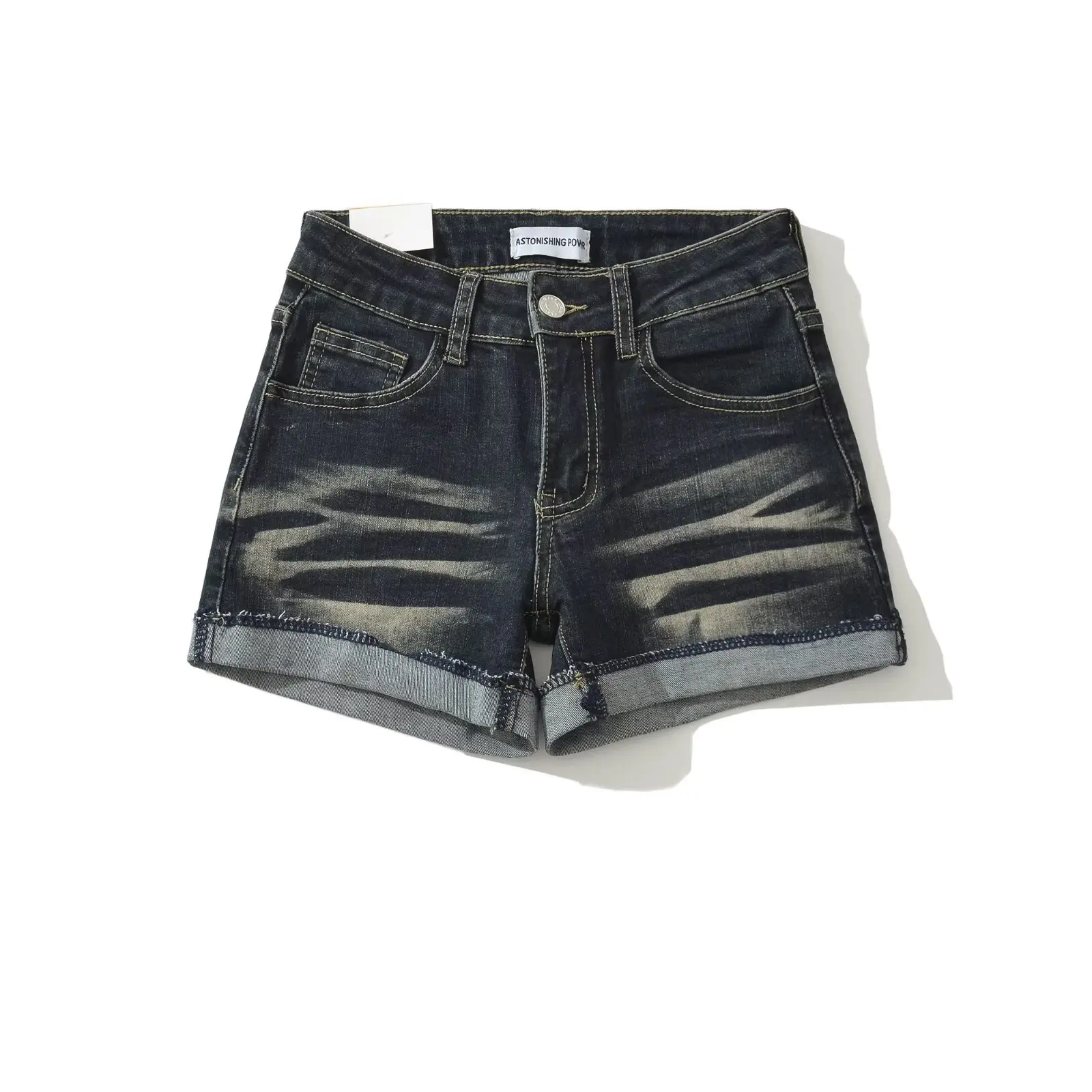 Retro American Washed Cuffed Denim Shorts Women Summer Versatile Slimming Sexy Butt Hot Pants High Waist Zipper Closure Jeans