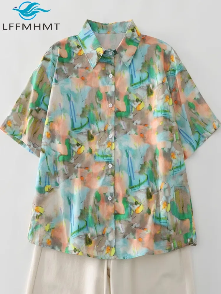 

Women's Summer Fashion Chic Printing Shirt Female Short Sleeve Soft Comfortable Loose Casual Lapel Blouse Sun-protection Tops