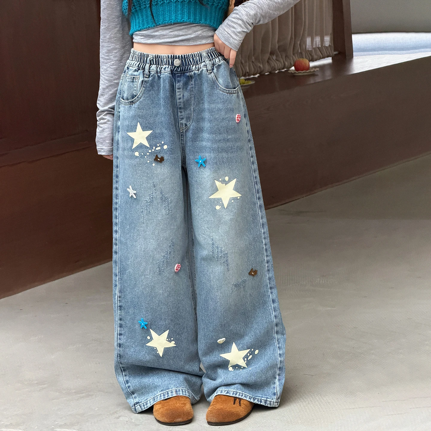 Spring Autumn New Girls Jeans Embroidery Five-pointed Star Loose Pants For 3-12 Years Teen Girls Stylish Denim Wide Leg Pants