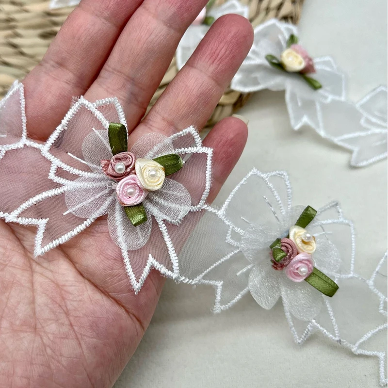 15Yards Pearl 3D Flowers DIY Soluble Wedding Lace Trim Knitting Embroidered Handmade Patchwork Ribbon Sewing