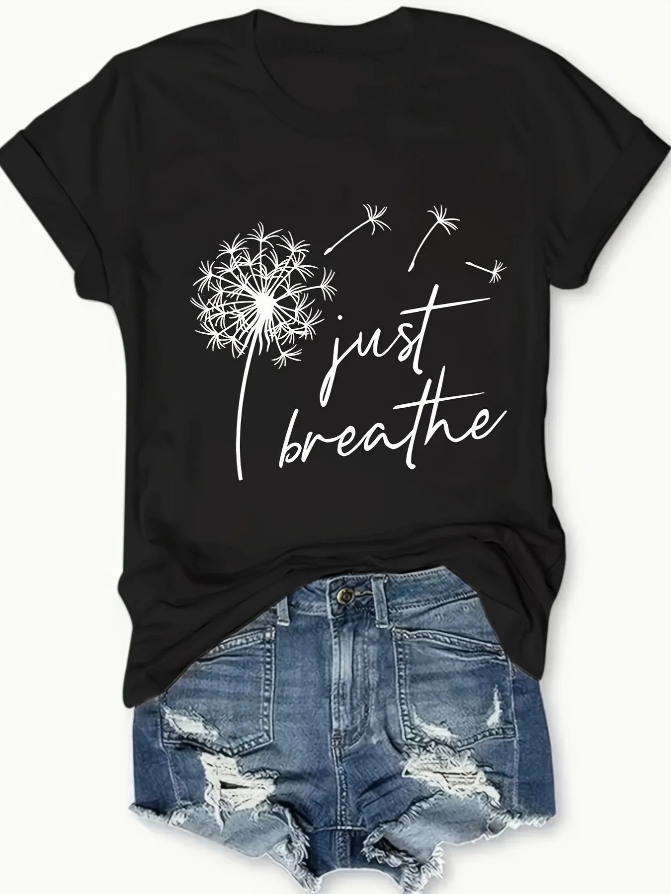 Just Breathe Print Crew Neck T-shirt Casual Short Sleeve Top For Spring  Summer Women's Clothing