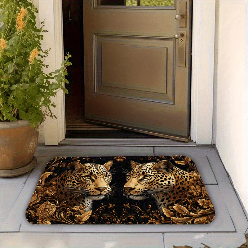 1pc Door  Floor Mat, Modern Style Carpet Table And Chair Floor Mat Symmetrical Leopards, Golden And Black Tones, Ornate Design
