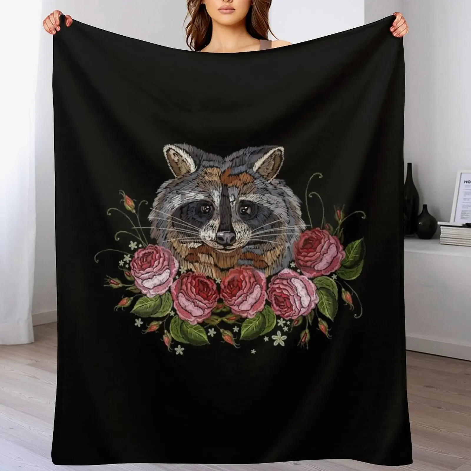 

Raccoon head with roses embroidery Throw Blanket Thermals For Travel manga Weighted bed plaid Blankets