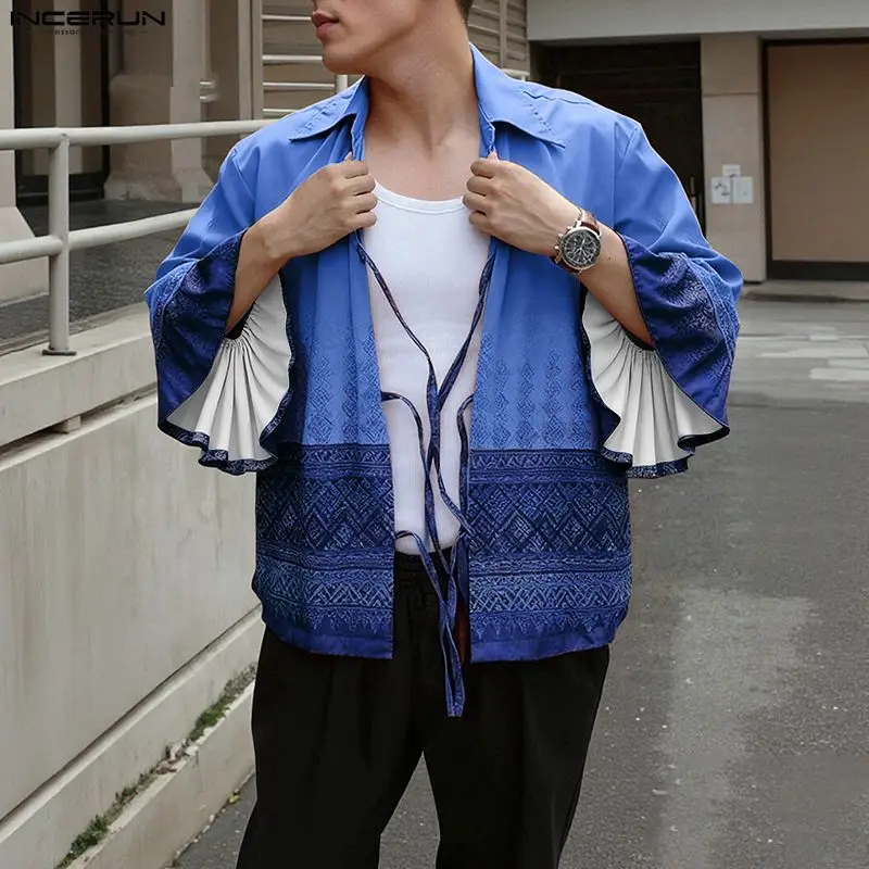 INCERUN الرجال قميص الطباعة العرقية نمط التلبيب مضيئة كم طويل الدانتيل يصل الرجال الملابس الشارع الشهير فضفاض بلايز عادية الذكور القمصان #3