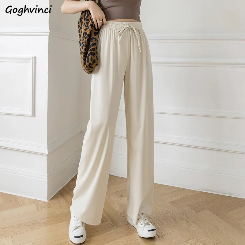 

Pants Women European Style Ice-silk Drape High Waist Loose Fit Straight Mopping Trousers Summer Thin Casual All-match Trendy