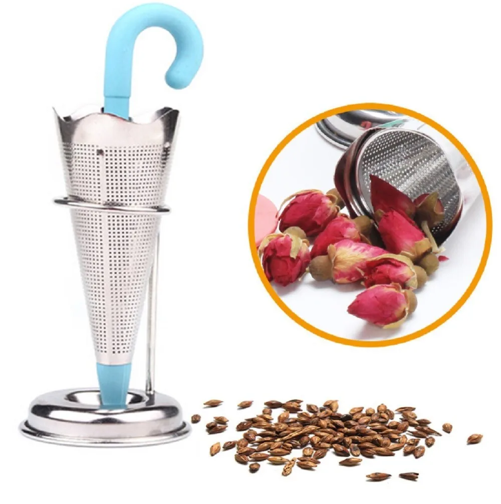 

Stainless Steel Umbrella Tea Infuser Mesh Strainer Silicone Lid Drip Tray