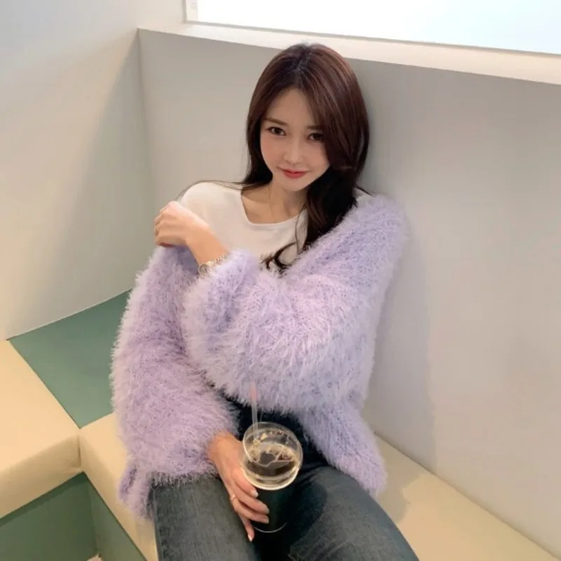 Sweater V-neck Furry Loose Knit Cardigan Mohair Crochet Jacket Faux Fur Plush Jacket Velvet Lantern Sleeve Top Sweater Jacket