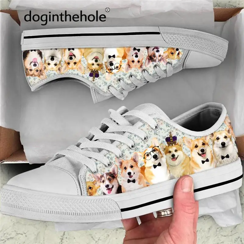 Doginthehole Women White Classic Canvas Shoes Cute Corgi Pattern Casual Flats All-match 2021 Autumn Girl Low Top Sneakers