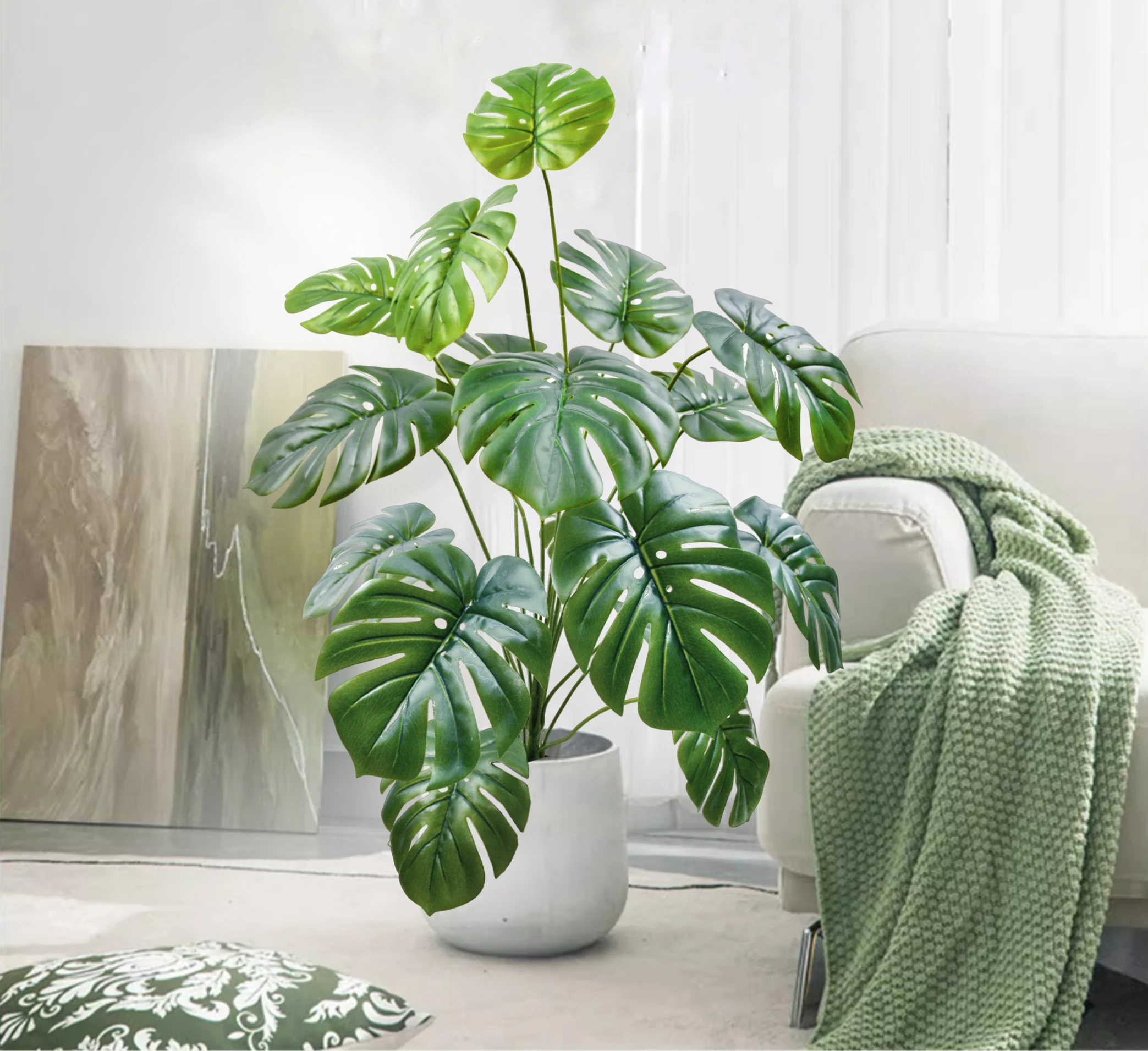 100cm 18 Prong Large Artificial Monstera Plant Fake Palm Tree Plastic Turtle Leaf Green Plant for Home Garden Room Office Decor