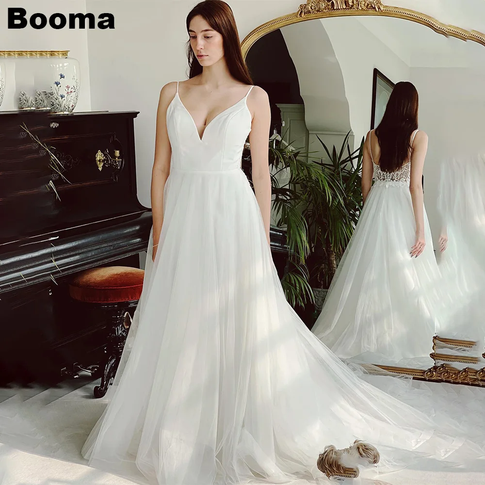 Booma-Robes de mariée à bretelles spaghetti pour femmes, col en V, tulle A-ligne, robes de soirée pour mariées, dos nu, longues mariées, fête, quoi que ce soit