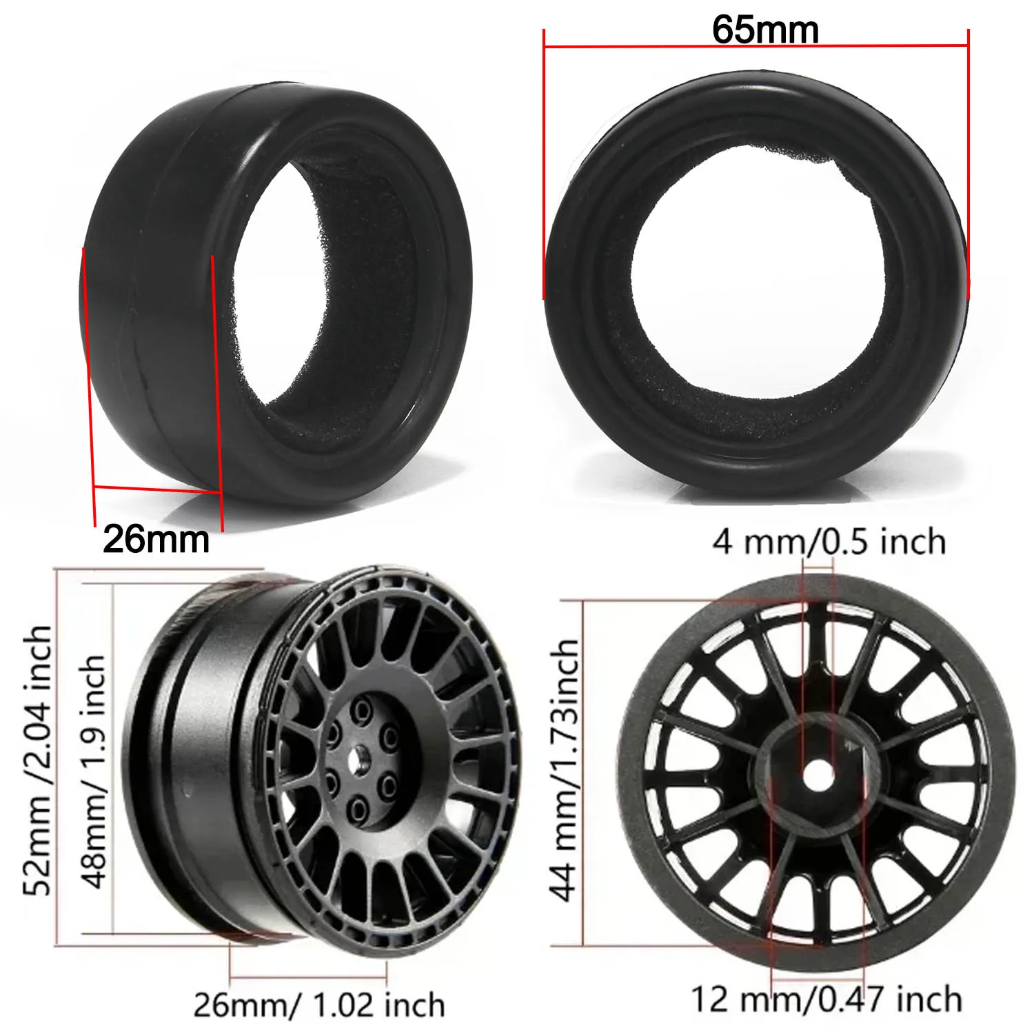 1/10 Racing Tire 65mm 1.9inch Wheel Tyre Tires 12mm Hex Hubs Rim for 1/10 RC on Road RV Racing Car 4WD HPI Wltoys