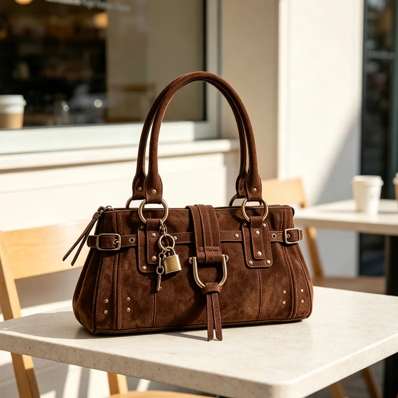 Rechteckige Handtasche, Damen-Tragetasche mit Goldschnalle, Nietenverzierung und Schlüsselanhänger, Winterliche Vintage-Umhängetasche in Unifarbe – Detail 3