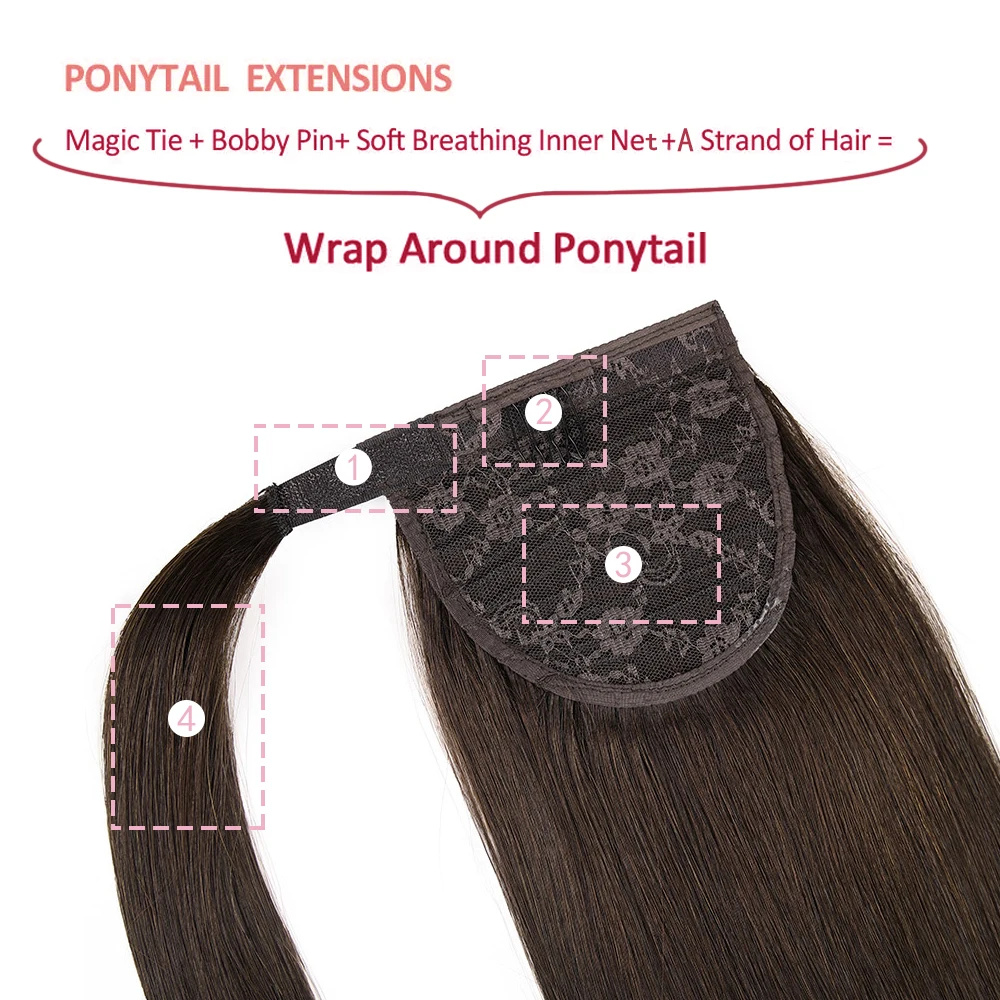 Ponytail In Hair Extensions Chocolate Brown 100% Real Hair PonyTail In Human Hair Extensions For Women Magic Wrap Around 22 Inch