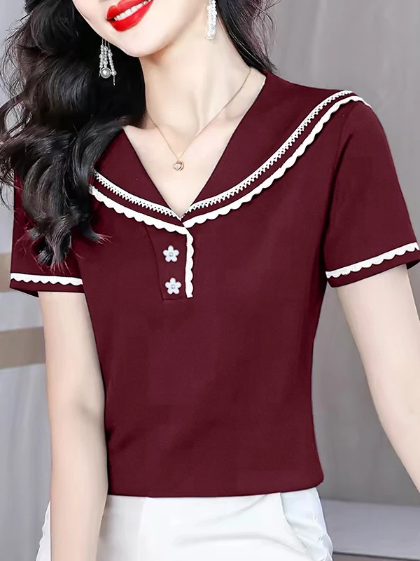 New 2026 Women's Loose Fit Short Sleeve T-Shirt Naval Collar Fashionable Summer Slimming Color Block Top Korean Style Cotton