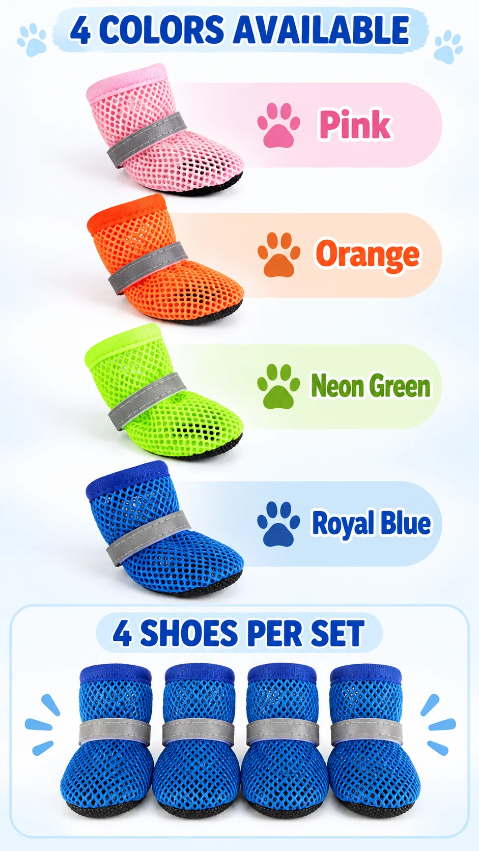 4 Stück Hundeschuhe, atmungsaktives Mesh-Material, rutschfeste, weiche Sohle, Haustierstiefel, reflektierende, verstellbare Pfotenschoner für kleine und mittelgroße Hunde. – Detail 5