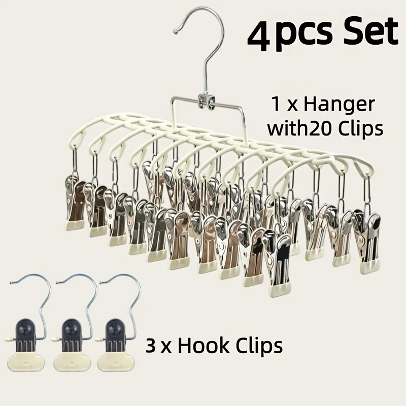 Stainless Steel Clip-On Clothes Drying Rack Set, Including 1 Multi-tier Drying Rack (with 20 Non-slip Clips) + 3 Hook Clips