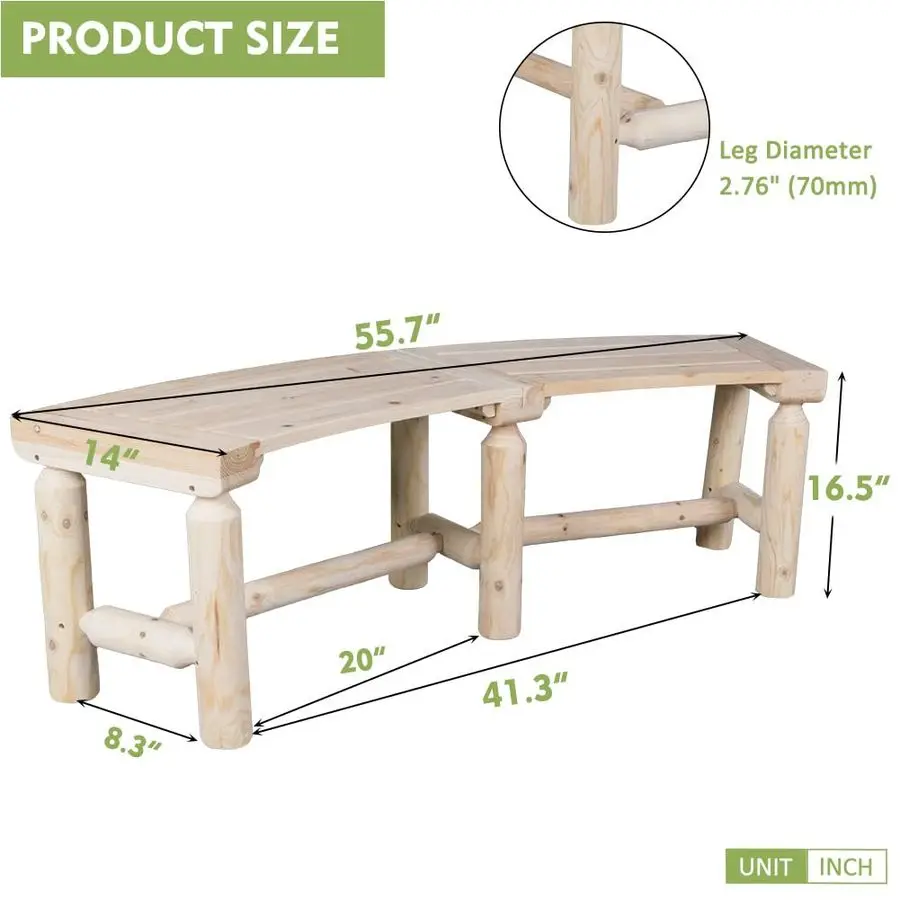 Wooden Curved Backless Porch Bench Rustic Style Cedar Fir Wood Log Fire Pit Bench for Patio Garden Deck and Backyard, 4055 W14 D