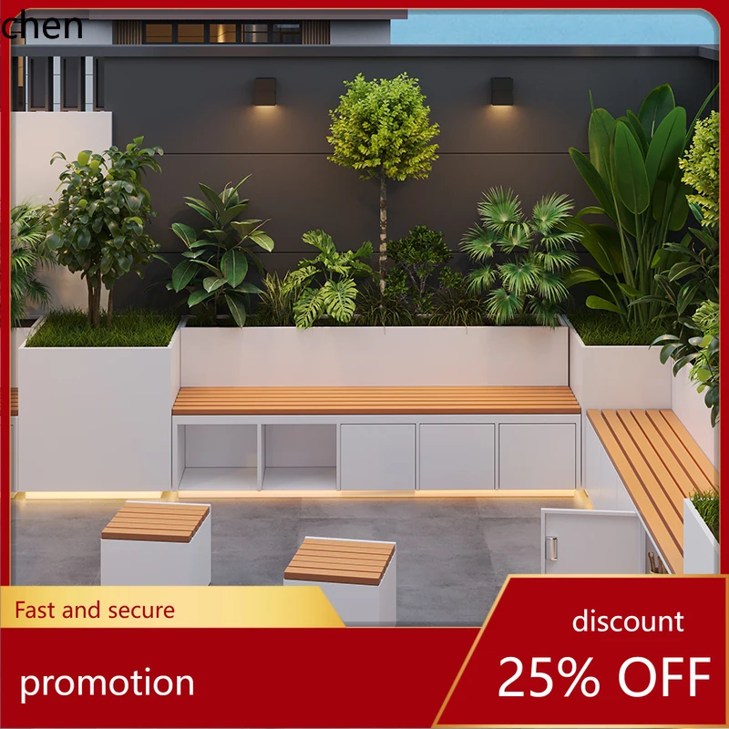 

HTT Outdoor Stainless Steel Flower Box and Stool Set Terrace Courtyard Iron Art Planter Box Balcony Partition