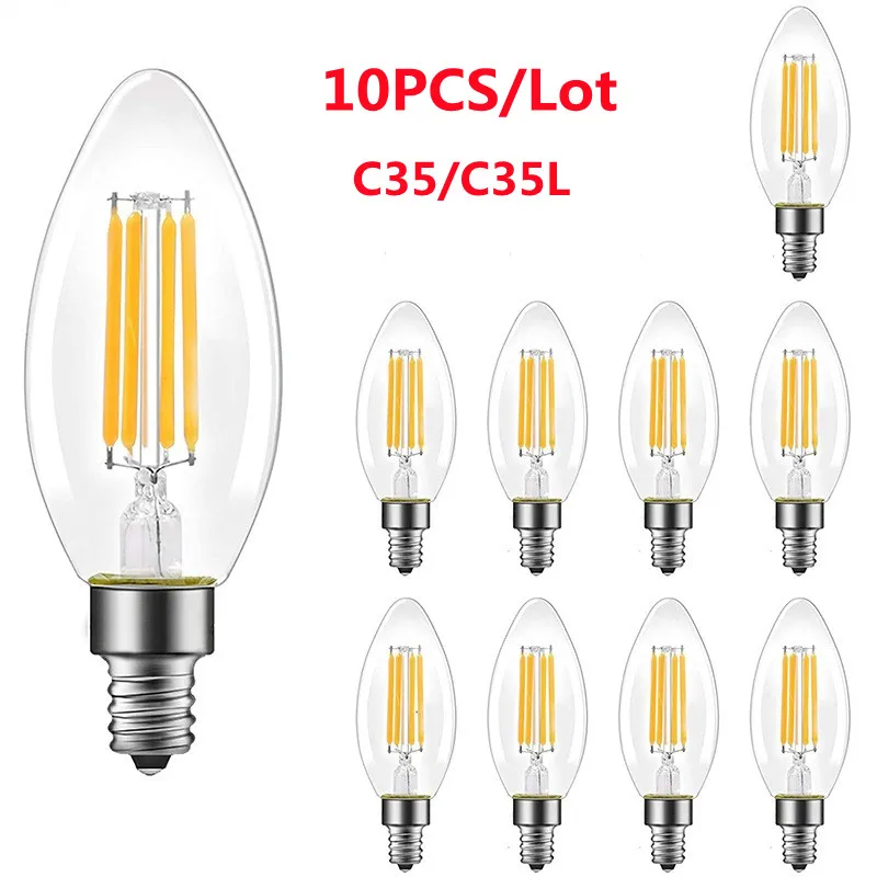 10pcs E14 LED Bulb AC220/240V 4W 6W Filament Candle Light C35 L35 Edison Bulb Retro Antique Vintage Style Cold White Warm White