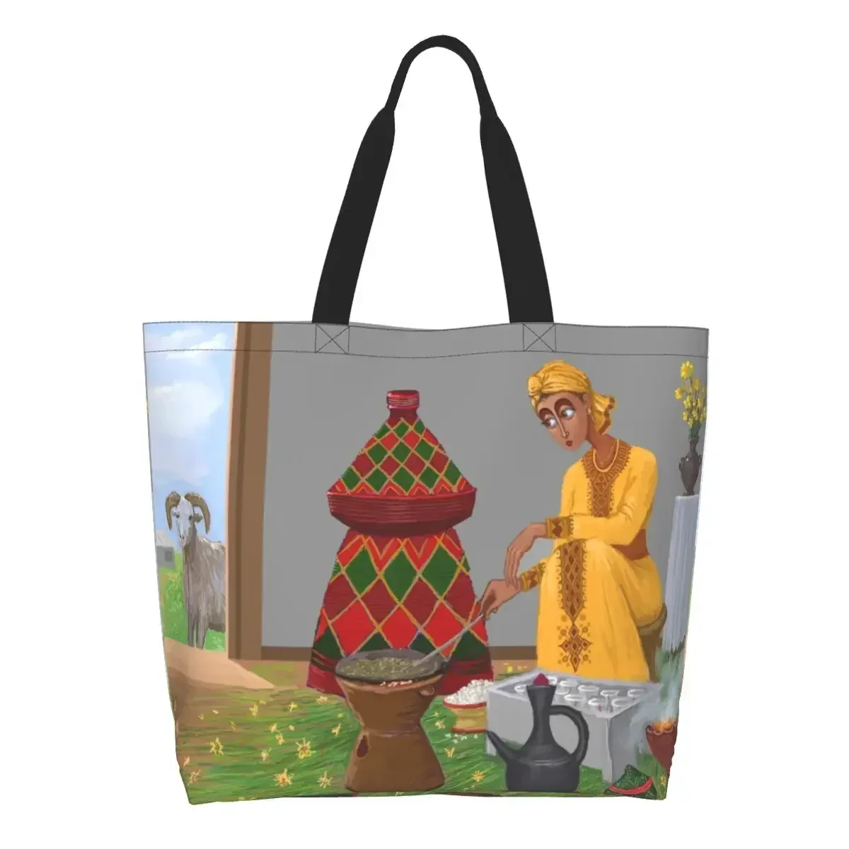 

Recycling Ethiopian New Year Shopping Bag Women Canvas Shoulder Tote Bag Portable Habesha Art Groceries Shopper Bags