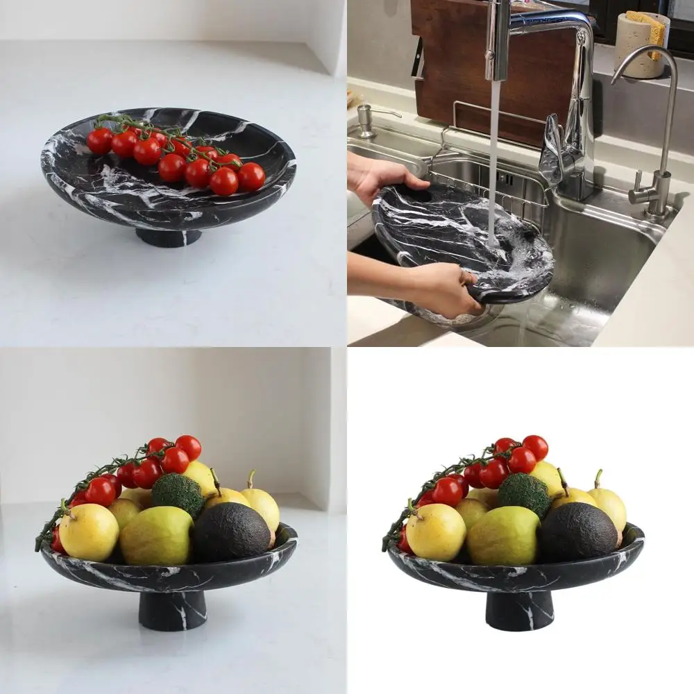 

10.2 Elegant Black Marble Fruit Bowl, Large Pedestal Dish for Kitchen & Dining, Home Decor & Organization