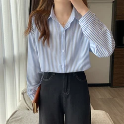 Female Spring Simplicity Loose Office Lady Striped Polo-Neck Long Sleeve Shirts Women Clothes Fashion All-match Appear Thin Tops