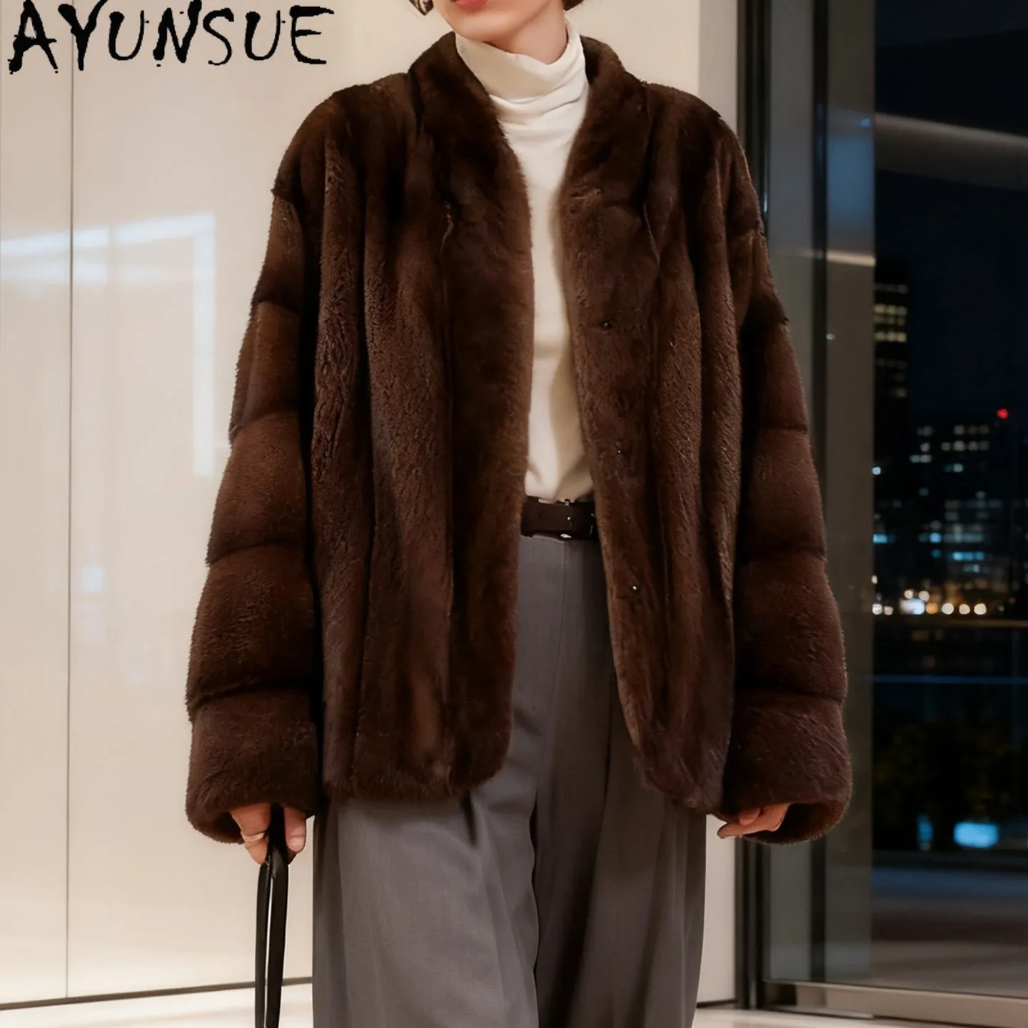 AYUSNUE Natural Female Mink Fur Coat Women Clothes Fashion Winter Jacket Whole Mink Real Fur Coat Warm Stand Collar Шуба Женская
