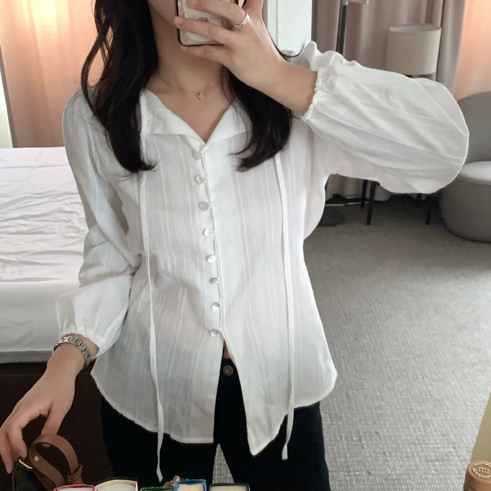 Sweet Elegant Long Sleeve Shirt Women's Slim Fit Waist Cinched Top French Style Fashion Spring 2026 No Special Function view 2