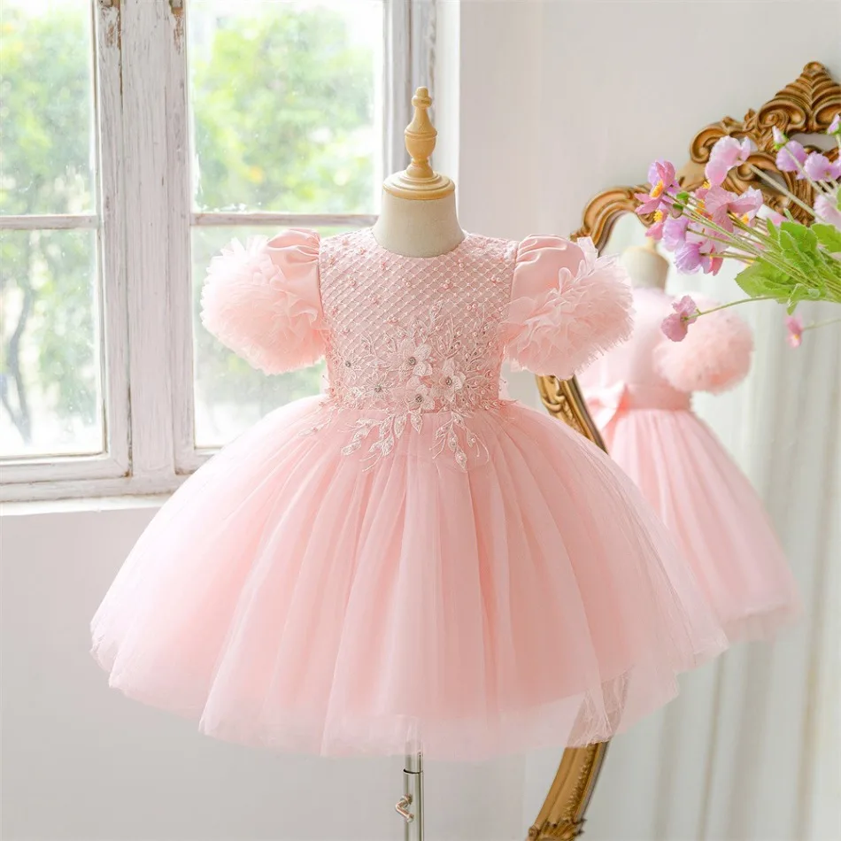 Mädchen Rosa Perlenbesetztes Spitzenkleid mit Blumenstickerei Flauschige Puffärmel Mehrlagiges Tüll-Tutu Kinder Hochzeit Festliches Kleid ASQ03