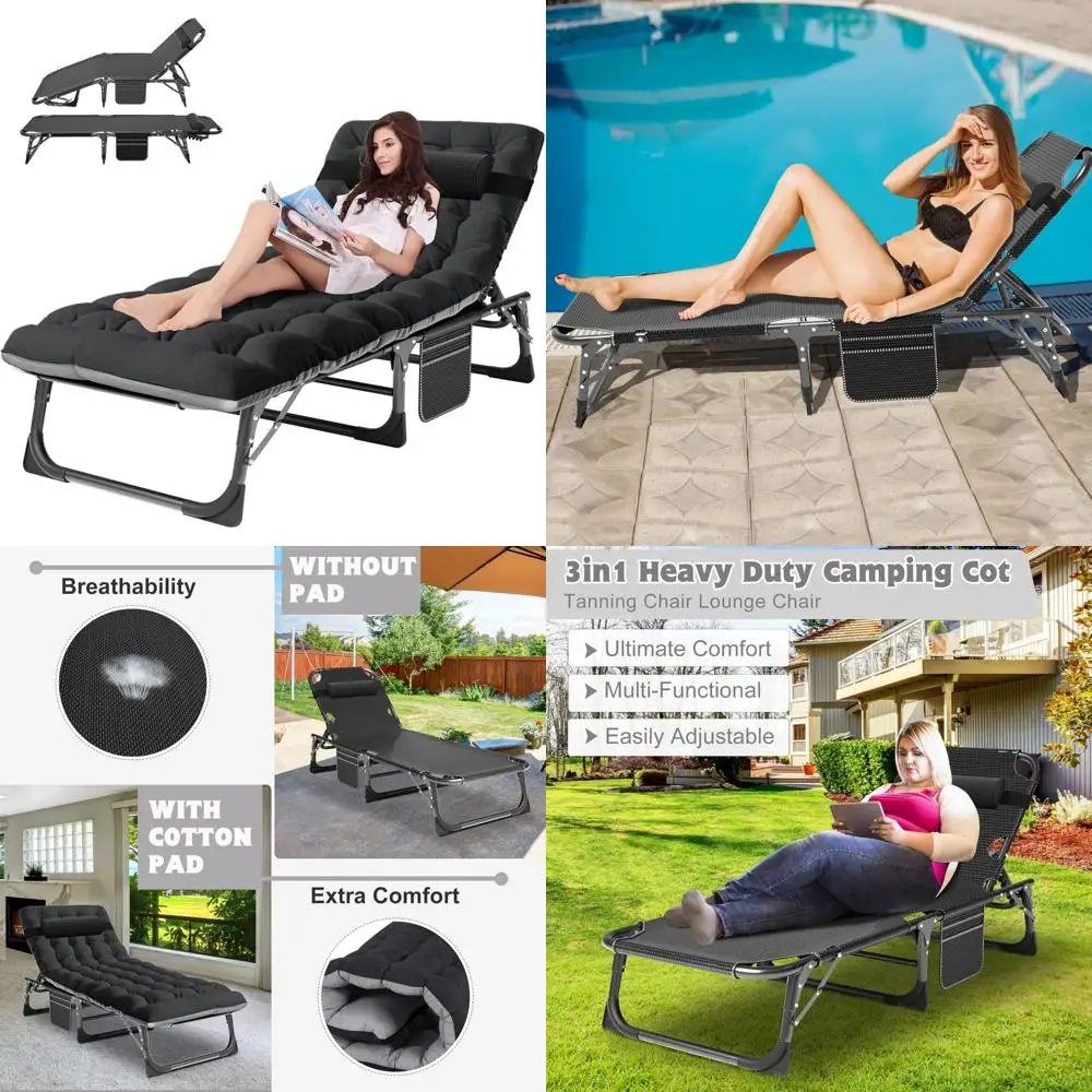 Heavy Duty Outdoor Folding Chaise Lounge Chair with 5 Positions and Cushion - Portable Beach Lounger for Relaxation