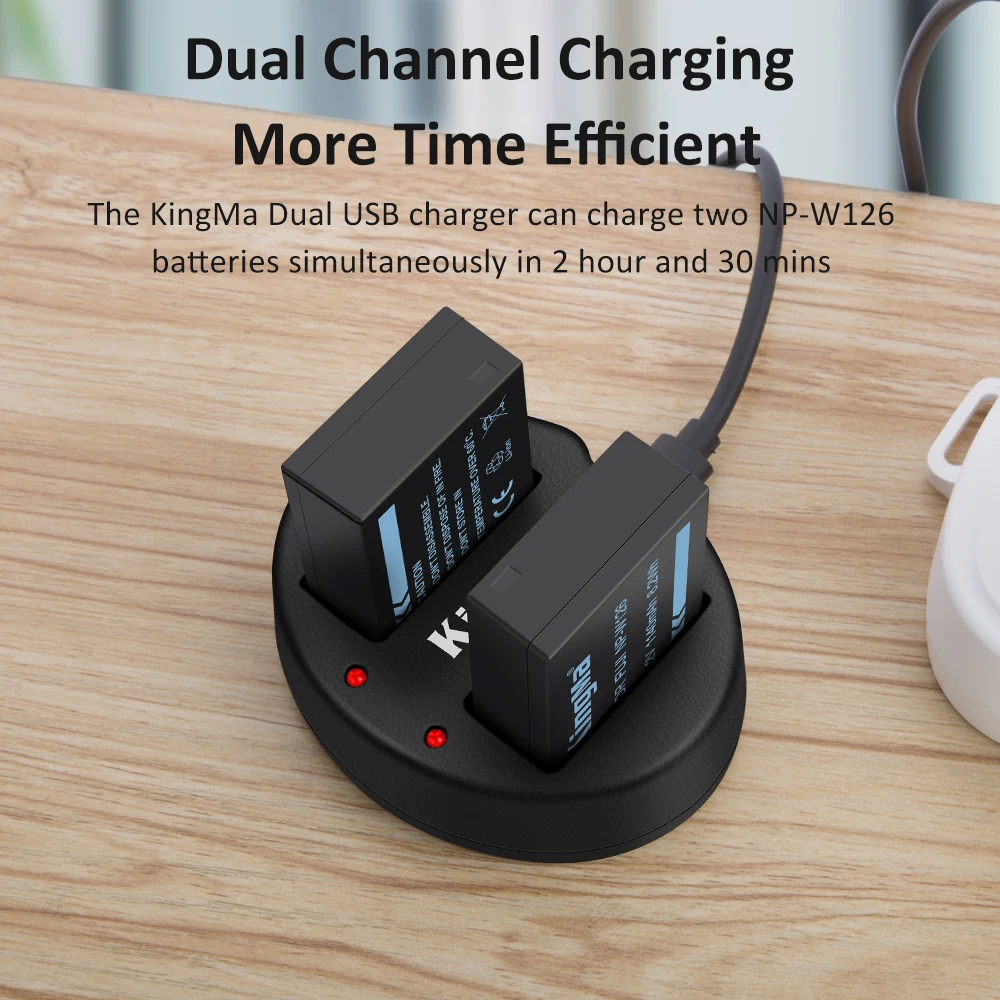 KingMa-NP-W126S NPW126バッテリー デュアルUSB充電器キット 富士フイルム X100V X100F X-H1 X-Pro3 2 X-T3 T2 T30 S10 T200 T100 X-E3 X-A7用