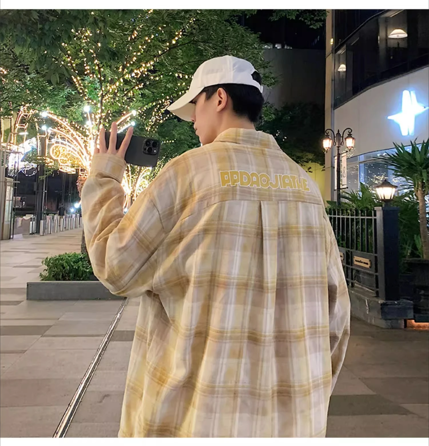 2025 Spring and Autumn New Blue Plaid Men's Long Sleeve Shirt American Style Youth Loose High-end Casual Yellow Shirt