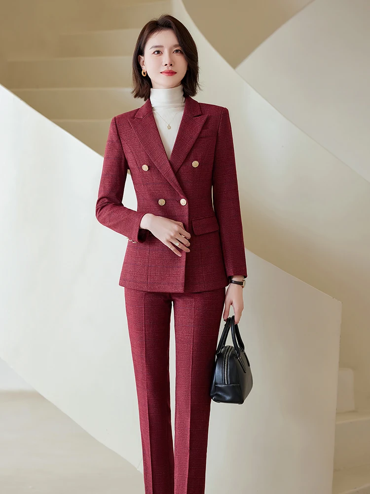 Autumn Winter Red Coffee Blue Black Ladies Pant Suit Women Female Business Work Wear Plaid Jacket and Trouser Blazer 2 Piece Set