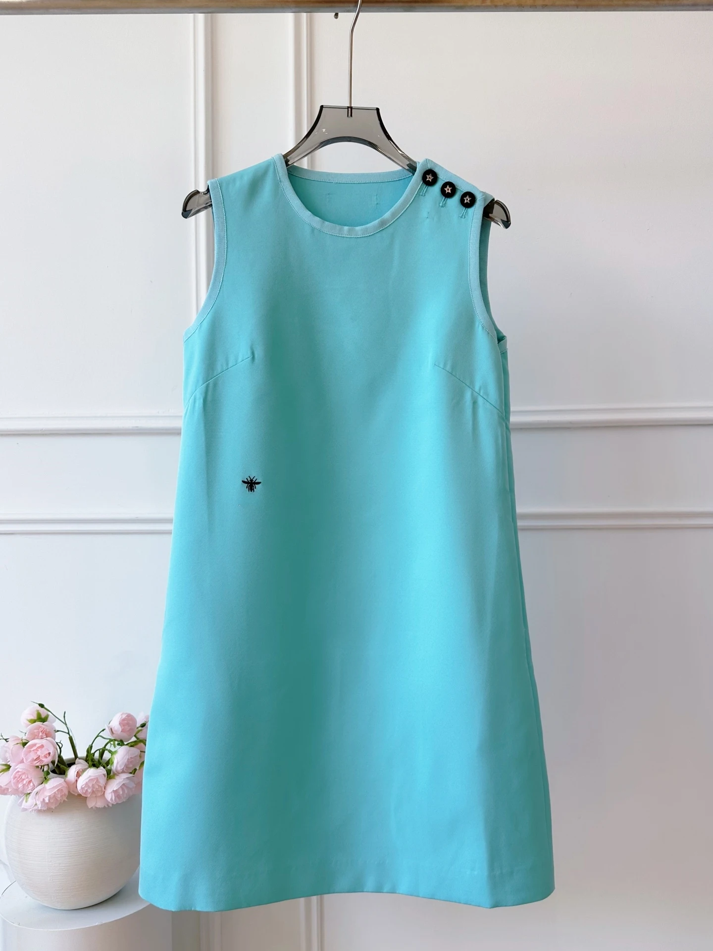 

Lake Blue Embroidered Bee A-Line Dress Elegant Simple Style Natural Waist Casual Wear Breathable Soft Polyester Fiber Thin Skirt